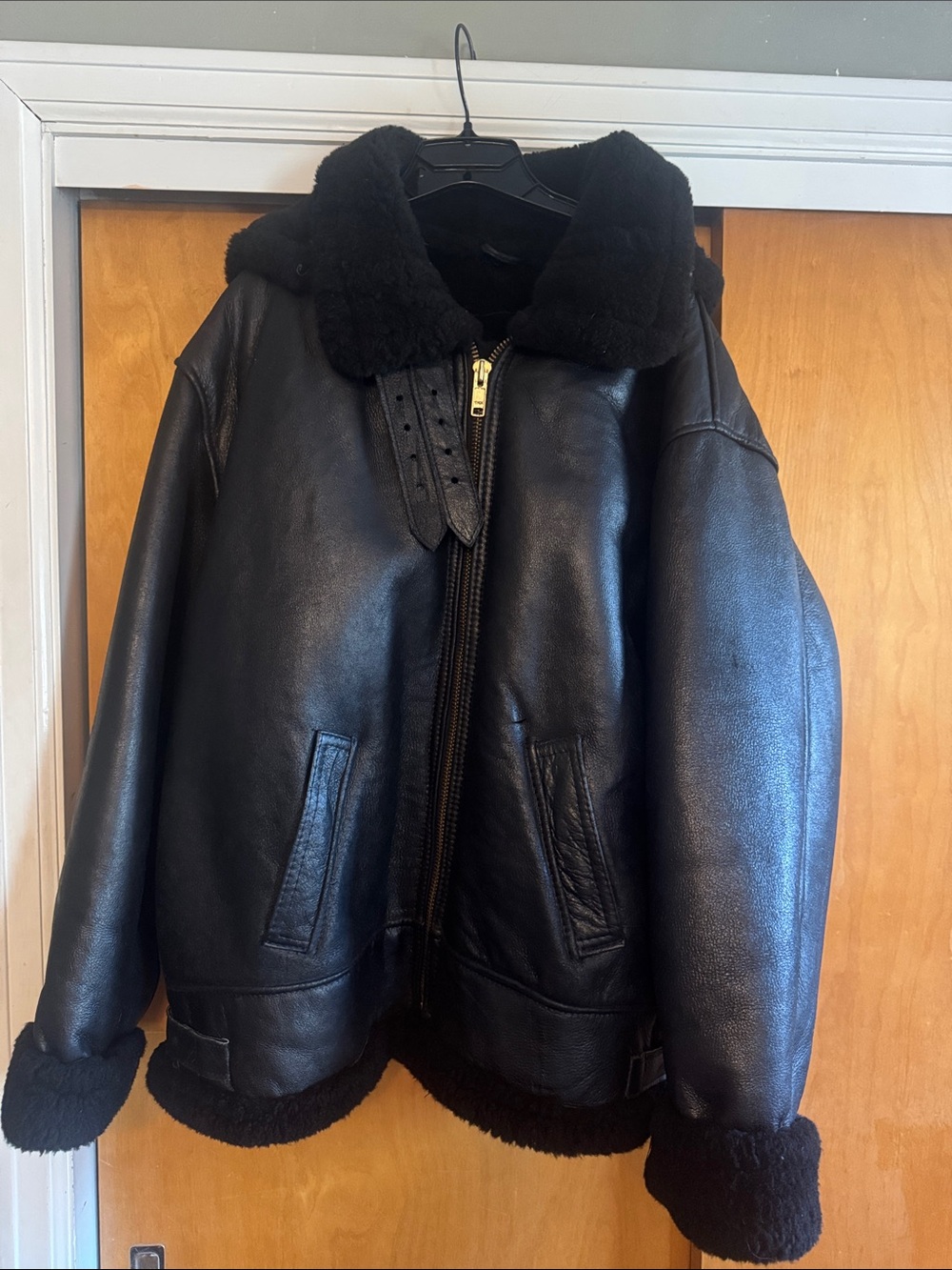 Men's Black Shearling-Lined Leather Bomber Jacket